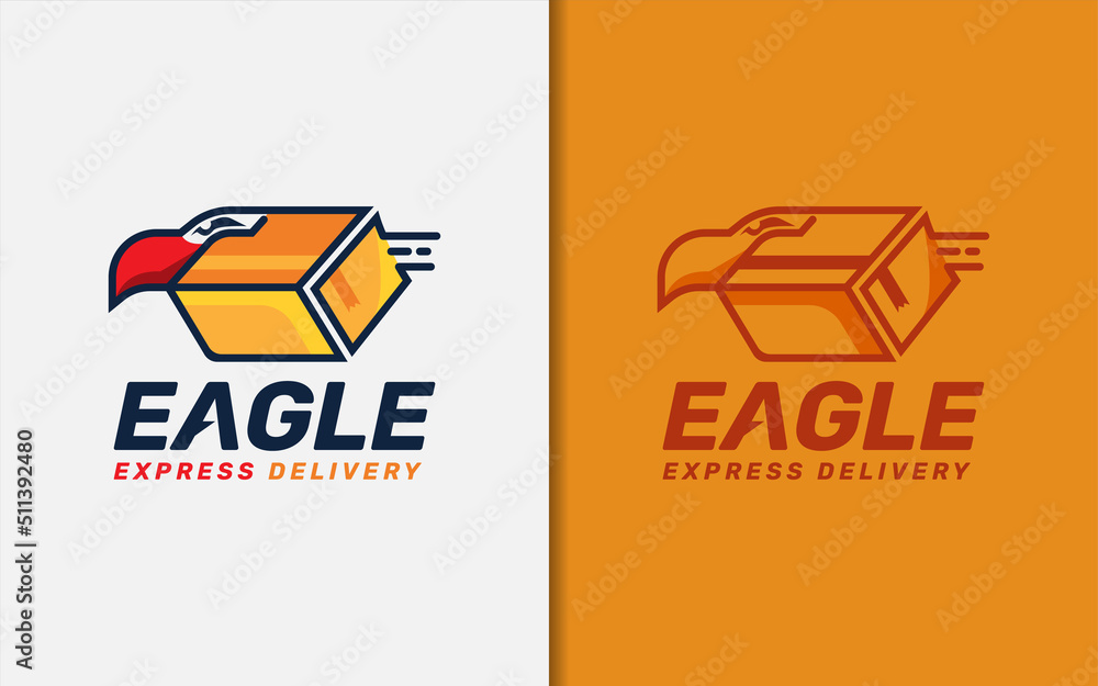 Poster eagle express delivery logo design with eagle head and delivery box combination concept.