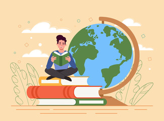 World book day. International holidays, love of literature. Useful hobby, guy reads in lotus position. Self development and education, distance training concept. Cartoon flat vector illustration