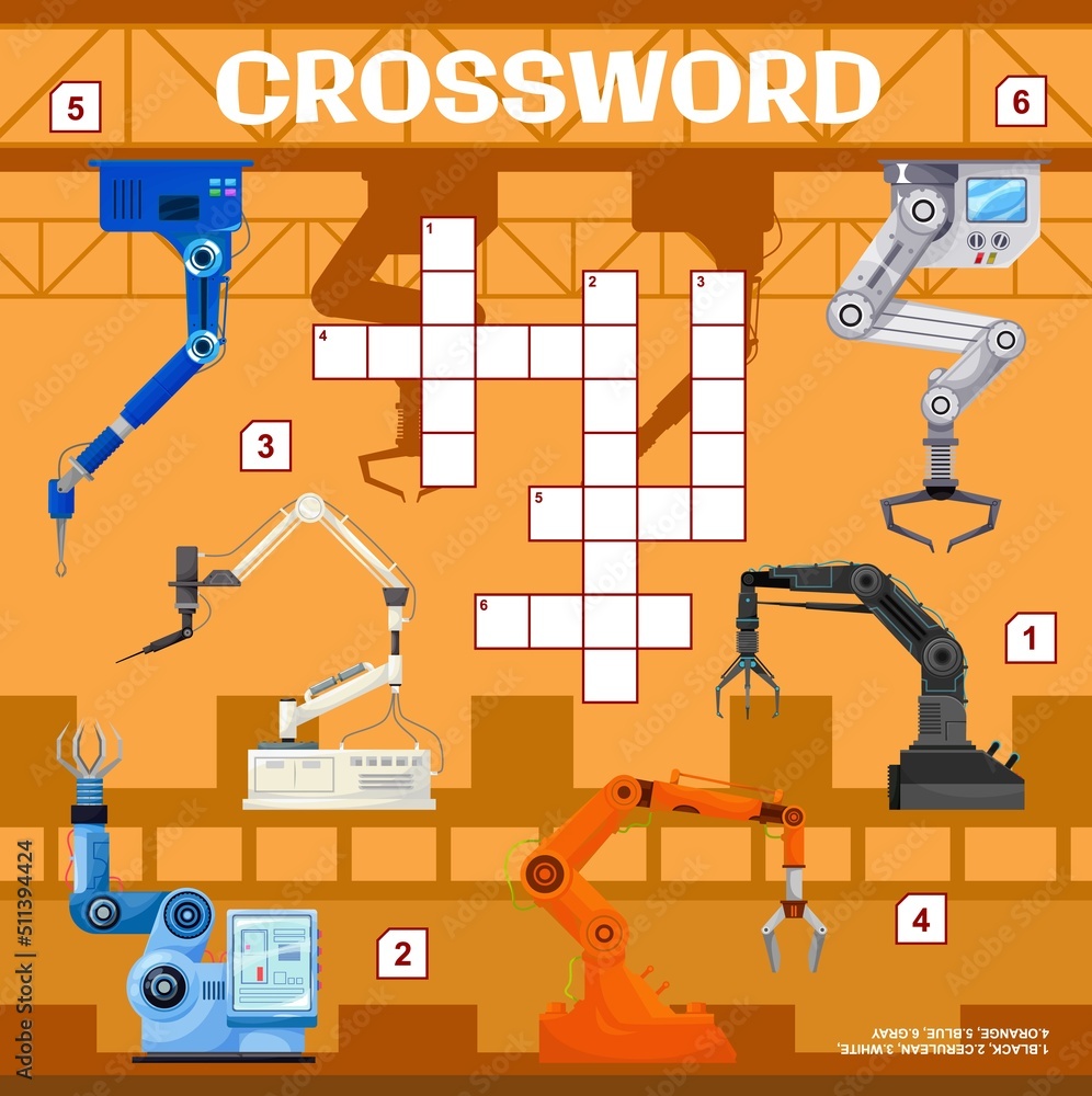 Poster robot arms on factory crossword grid. find a word quiz game. children intellectual riddle, text puzz