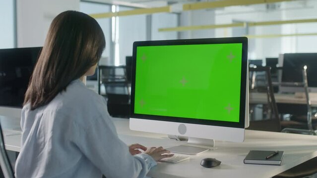 Business Woman Hands Working Internet on Pc Computer On Desk. Girl Hands Typing on Green Screen Notebook. Close Up Female Freelancer Searches For Information on The Internet