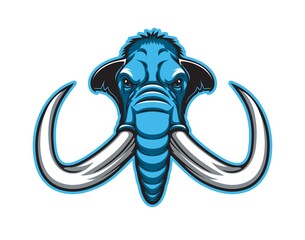 Mammoth elephant mascot, angry head of aggressive animal, vector badge of sport team. Club mascot sign of blue mammoth elephant with tusks and trunk, basketball, soccer or rugby football team emblem