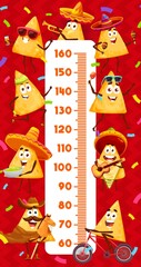 Fototapeta premium Funny mexican nachos chips characters kids height chart. Measure ruler of children growing vector wall sticker with cartoon corn tortilla nachos, sombrero hats, maracas, guitars and confetti