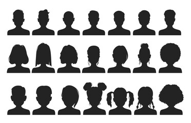 Male, female avatar profile silhouette, man and woman faces and heads. Vector user portrait or person avatar silhouette of girl and boy, social media people avatar default black picture - obrazy, fototapety, plakaty