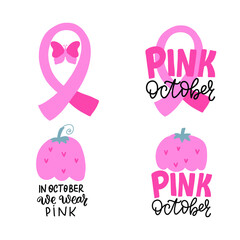 Breast cancer awareness. In october we wear pink. Support hope inspirational woman health care medical design element. Breast cancer ribbon quotes set wtith butterfly, pumpkin