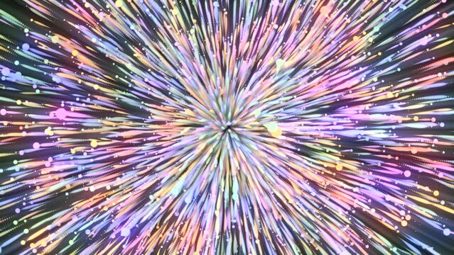 Bright colorful explosion of particles in stream. Motion. Cosmic hypnotic explosion of colorful particles. Explosion of particles propagating in outer space