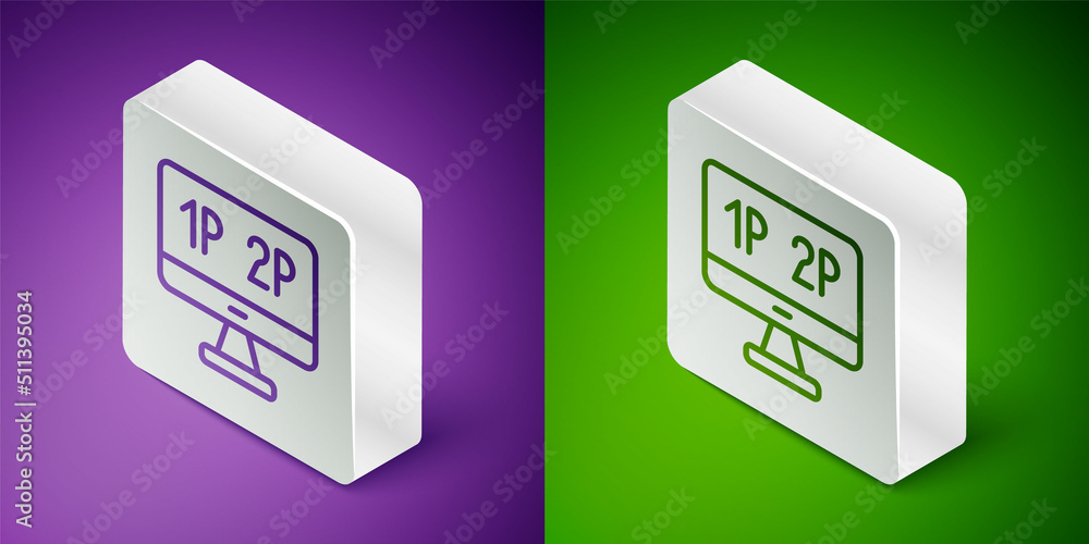 Poster isometric line computer monitor screen icon isolated on purple and green background. electronic devi
