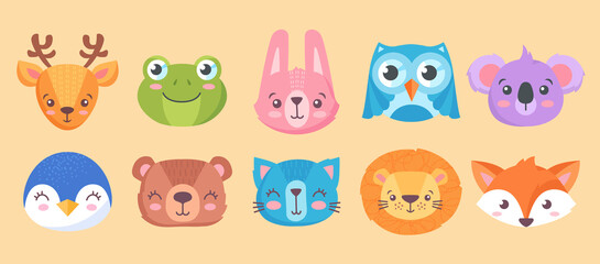 Obraz premium Animals head set. Collection of cute characters for children, exotic animals. Penguin, frog, deer, lion, owl, koala, bear and fox. Cartoon flat vector illustrations isolated on beige background