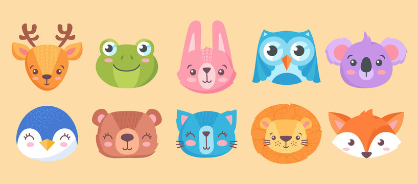 Animals head set. Collection of cute characters for children, exotic animals. Penguin, frog, deer, lion, owl, koala, bear and fox. Cartoon flat vector illustrations isolated on beige background