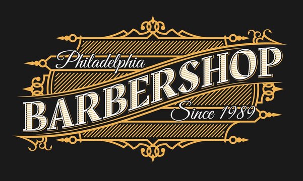 Barbershop vintage sign, barber shop antique label of men hair salon, retro vector. Barbershop old sign or ornate signage for gentlemen barber shop, beard or mustache shave and hairdresser