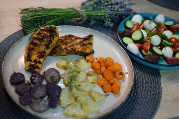 Grilled Chicken with Roasted Vegetables with Fresh Mozzarella and Tomato Salad