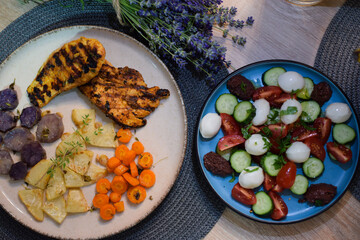 Grilled Chicken with Roasted Vegetables with Fresh Mozzarella and Tomato Salad