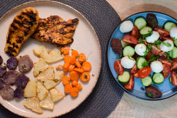 Grilled Chicken with Roasted Vegetables with Fresh Mozzarella and Tomato Salad