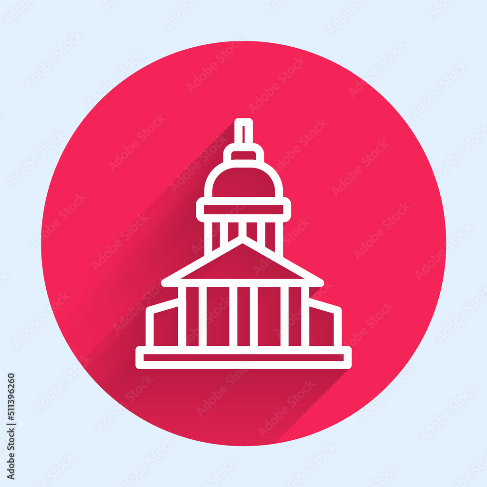 Poster white line museum building icon isolated with long shadow background. red circle button. vector