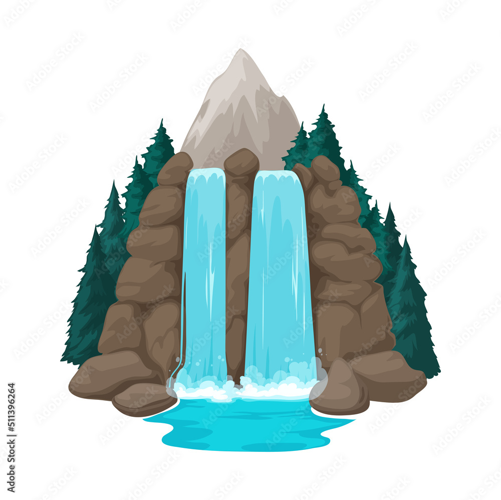 Poster cartoon waterfall element of nature landscape for game asset web design. vector cliff with aqua casc