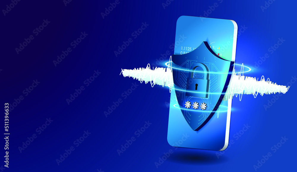 Poster smartphone with protection shield on screen, lock shield with security cyber technology security and
