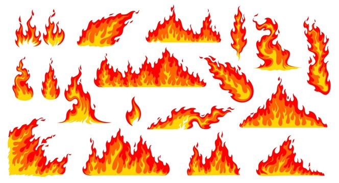 Cartoon fire flames, bonfire and burning wildfire or firewall, vector icons. Red hot flames of campfire, wildfire fireballs or burning torch heat, flammable symbols and burning firewall effects