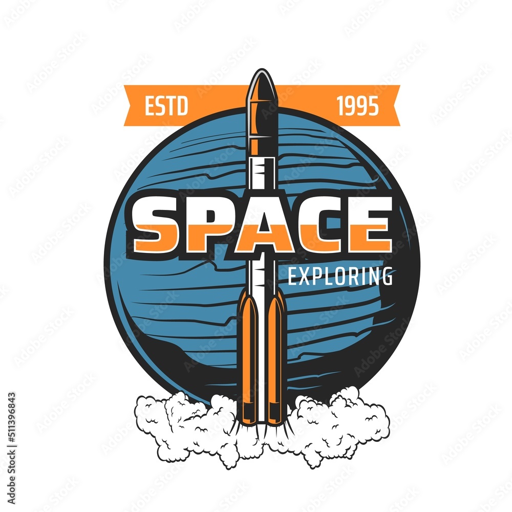 Poster Space exploring icon, rocket spaceflight and galaxy spaceship launch, vector emblem. Spacecraft shuttle or orbital station start up to galaxy mission or exploration of planets Mars or Moon