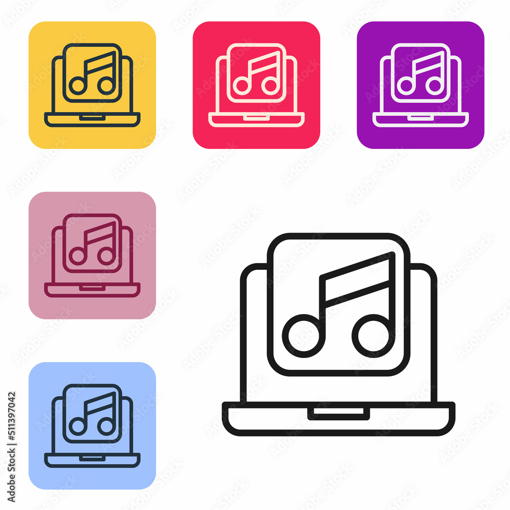 Poster black line laptop with music note symbol on screen icon isolated on white background. set icons in c