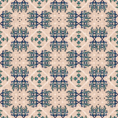 Coastal coral reef geometric quilt style linen pattern. Seamless marine fabric effect background for nautical home decor. Natural kelp geo damask in hand drawn watercolor tile print.