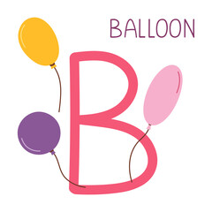 Capital letter B of English childish alphabet with balloons. Cute kids font for kindergarten and school education.