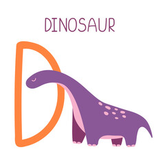 Capital letter D of childish English alphabet with cute dinosaur. Kids font with funny animal for kindergarten and preschool education.
