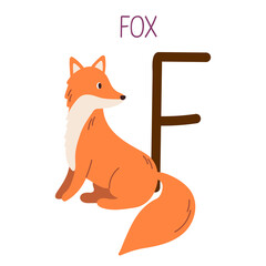 Capital letter F of English childish alphabet with fox. Cute kids font for kindergarten and school education.