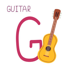 Capital letter G of English childish alphabet with guitar. Cute kids font for kindergarten and school education.