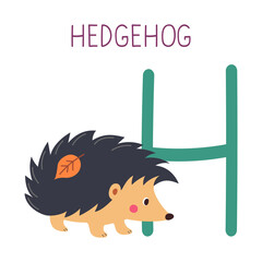 Capital letter H of English childish alphabet with hedgehog. Cute kids font for kindergarten and school education.