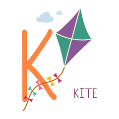 Capital letter K of English childish alphabet with kite. Cute kids font for kindergarten and school education.