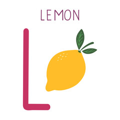 Capital letter L of English childish alphabet with lemon. Cute kids font for kindergarten and school education.