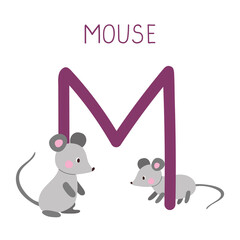 Capital letter M of English childish alphabet with mouses. Cute kids font for kindergarten and school education.