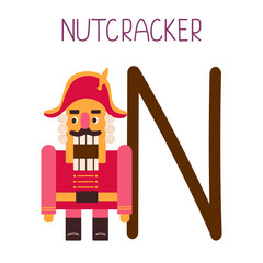 Capital letter N of English childish alphabet with nutcracker. Cute kids font for kindergarten and school education.