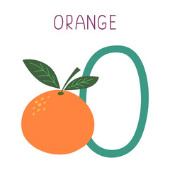 Capital letter O of English childish alphabet with orange. Cute kids font for kindergarten and school education.