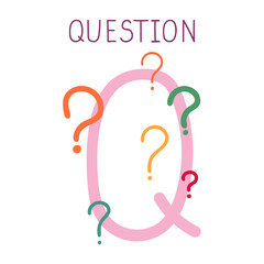 Capital letter Q of childish English alphabet with question marks. Kids font for kindergarten and preschool education of children.