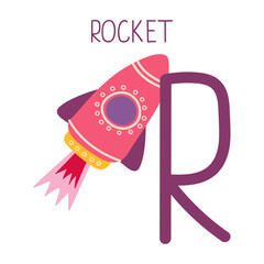 Capital letter R of English childish alphabet with rocket. Cute kids font for kindergarten and school education.