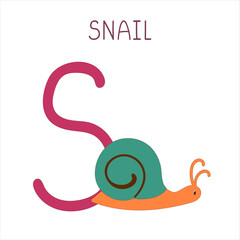 Capital letter S of English childish alphabet with snail. Cute kids font for kindergarten and school education.