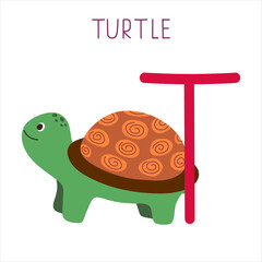 Capital letter T of English childish alphabet with turtle. Cute kids font for kindergarten and school education.