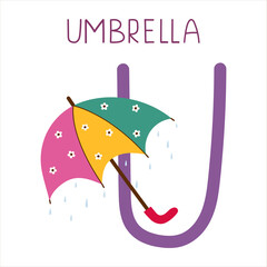 Capital letter U of English childish alphabet with umbrella. Cute kids font for kindergarten and school education.