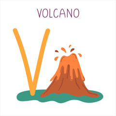 Capital letter V of English childish alphabet with volcano. Cute kids font for kindergarten and school education.