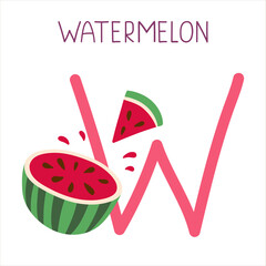 Capital letter W of English childish alphabet with watermelon. Cute kids font for kindergarten and school education.