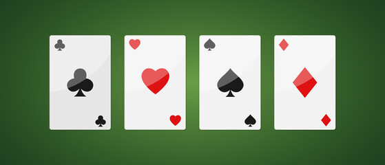 Playing cards on the green table. Vector clipart.