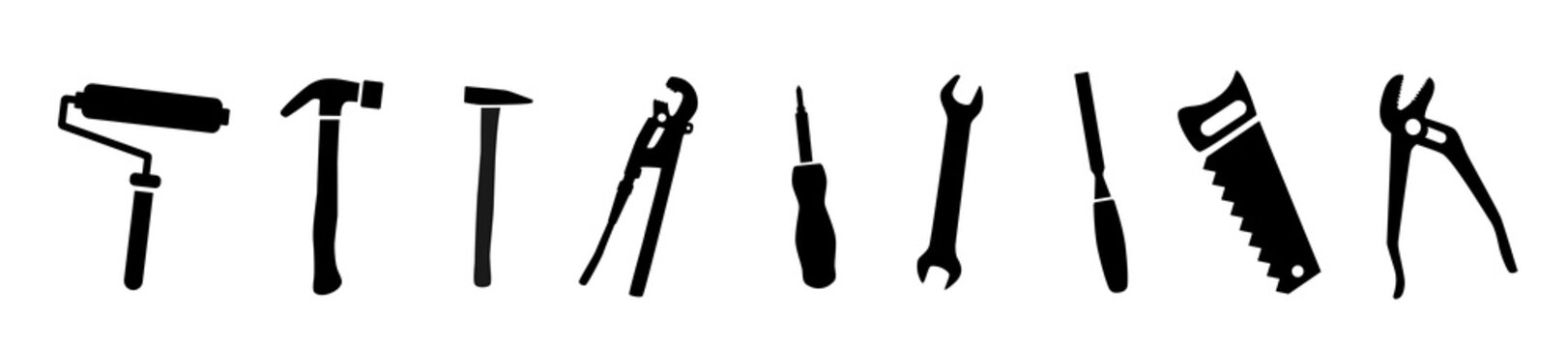 Household tools set. Tools for repair and construction. Black flat icons. Vector set isolated on white background.
