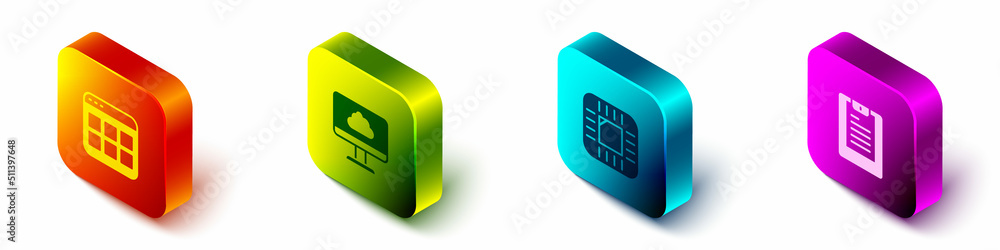 Aufkleber set isometric browser files, cloud technology data transfer, processor with cpu and server, data rep