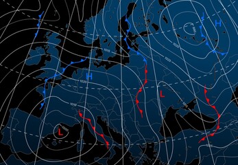 Forecast weather isobar night map of Europe, wind fronts and temperature vector diagram. Meteorology climate and weather forecast isobar of Europe, cold and warm cyclone or atmospheric pressure chart - obrazy, fototapety, plakaty