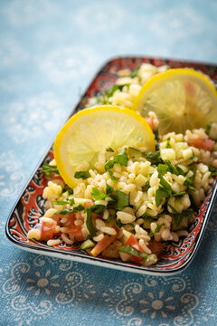 Lebanese tabbouleh salad with bulgur, parsley, tomato and cucmber