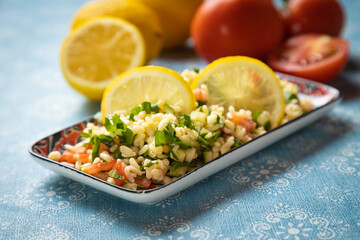 Lebanese tabbouleh salad with bulgur, parsley, tomato and cucmber