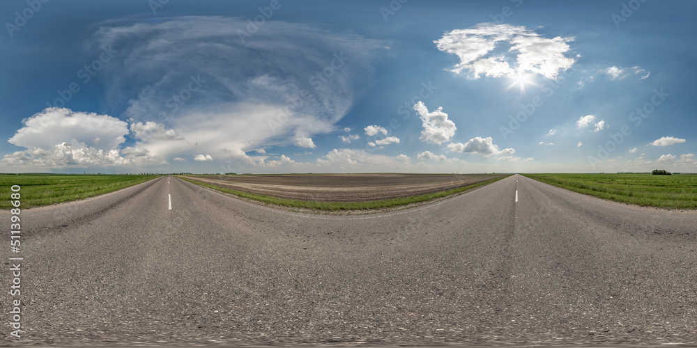Wall mural full seamless spherical hdri 360 panorama view on no traffic asphalt road among fields in summer day