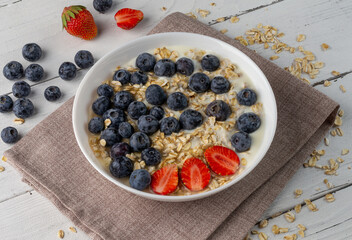 breakfast of milkt and fresh strawberries and blueberries
