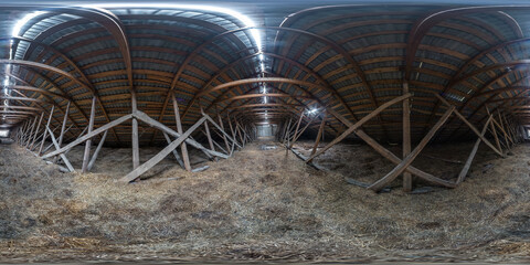 360 hdr panorama inside abandoned ruined wooden decaying hangar roof or room with columns in full seamless spherical hdri panorama in equirectangular projection, AR VR virtual reality content