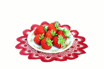 fresh organic red strawberry fruit isolated in plate on white background,selective focus,copy space